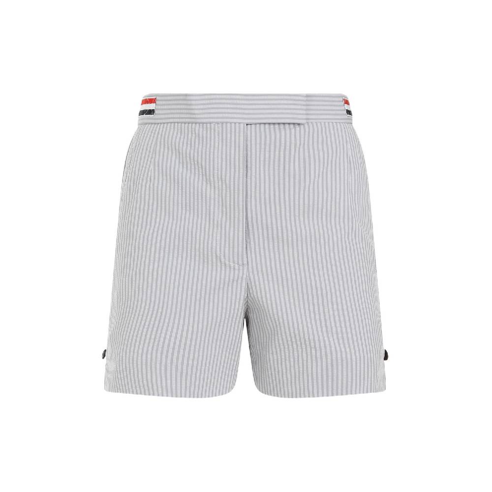 THOM BROWNE  Pantaloncini di Cotone Grigio Thom Browne con Righe Signature