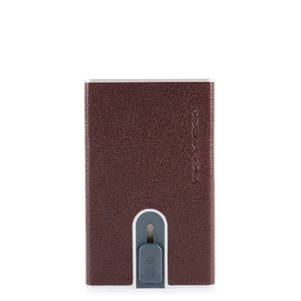 PIQUADRO  Portacarte Piquadro in Pelle Marrone Scuro e Metallo con Protezione RFID
