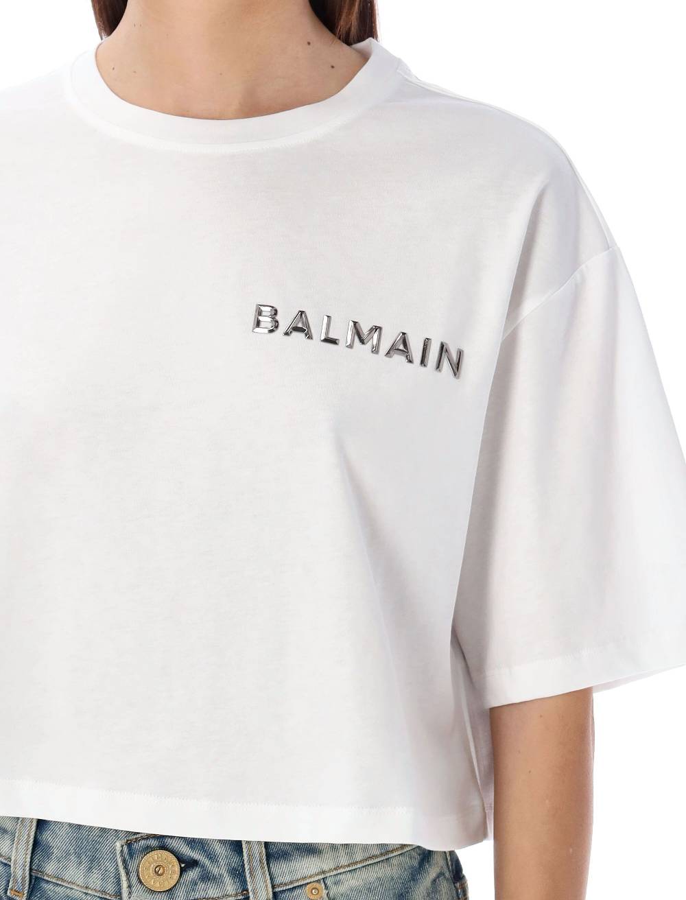 BALMAIN  T-Shirt Corta Balmain Con Logo Argento - Cotone Biologico