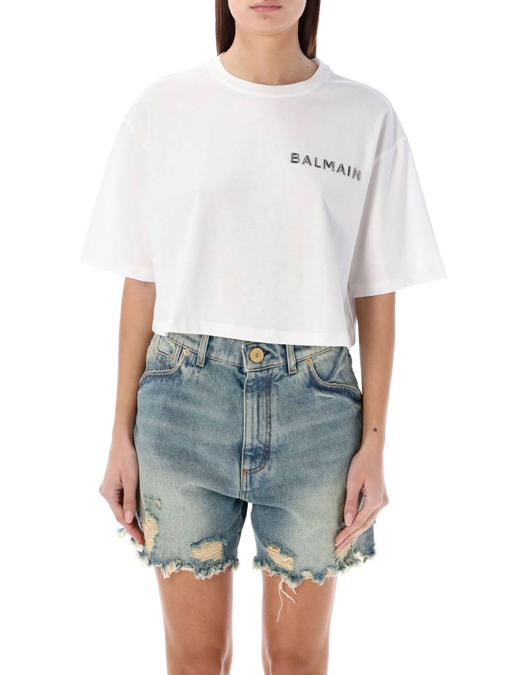 BALMAIN  T-Shirt Corta Balmain con Logo Argento - Cotone Biologico