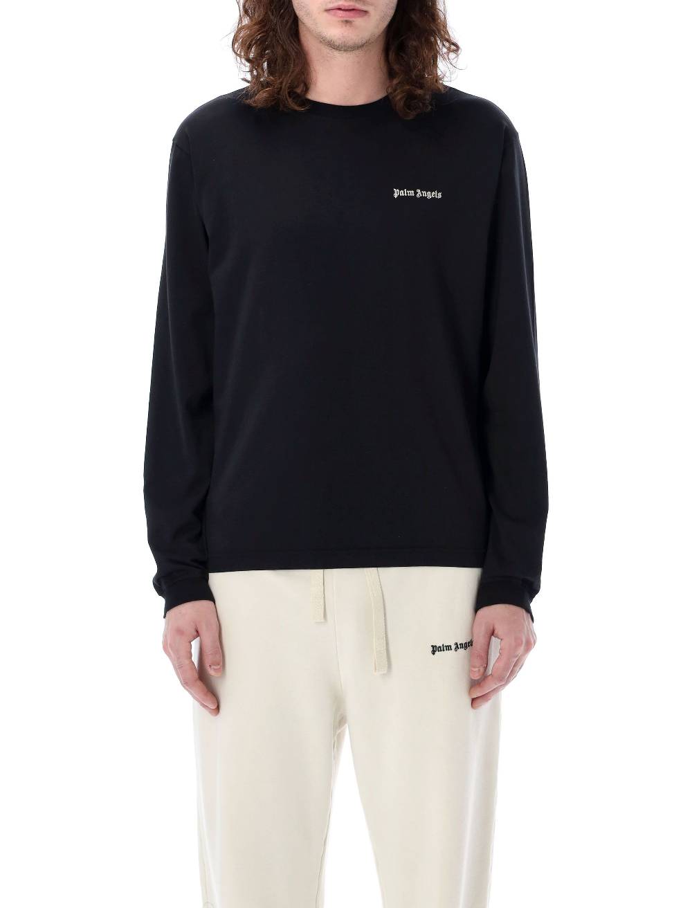 PALM ANGELS KIDS  T-shirt Uomo Nera Manica Lunga con Logo Palm Angels