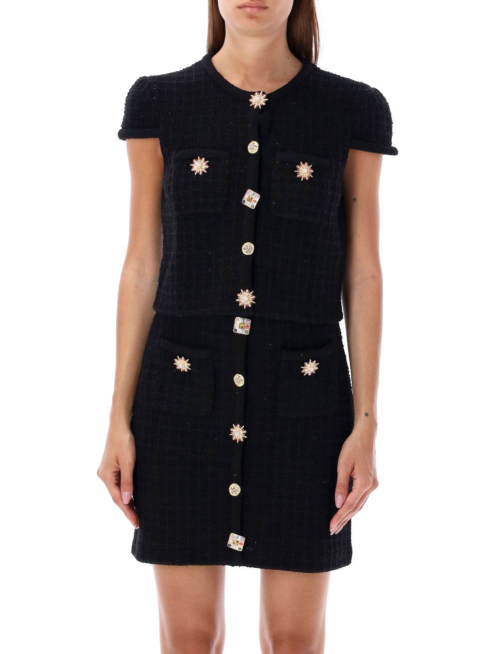 SELF PORTRAIT  Top Maglia Nero con Pulsanti Gioiello e Paillettes Self-Portrait