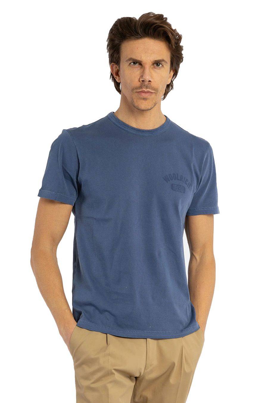 WOOLRICH  T-Shirt Di Cotone Blu Woolrich Da Uomo