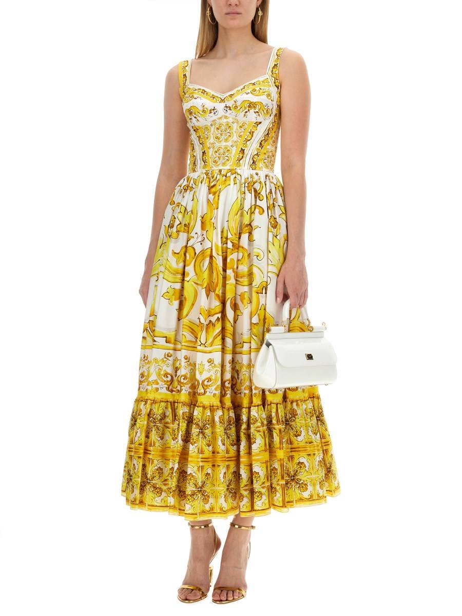 DOLCE & GABBANA ABITO BUSTIER LONGUETTE IN POPELINE DI COTONE STAMPA MAIOLICA