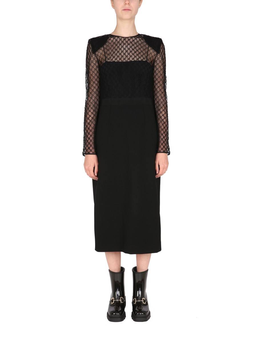 GUCCI ABITO IN VISCOSA E TULLE CON MOTIVO GG RICAMATO