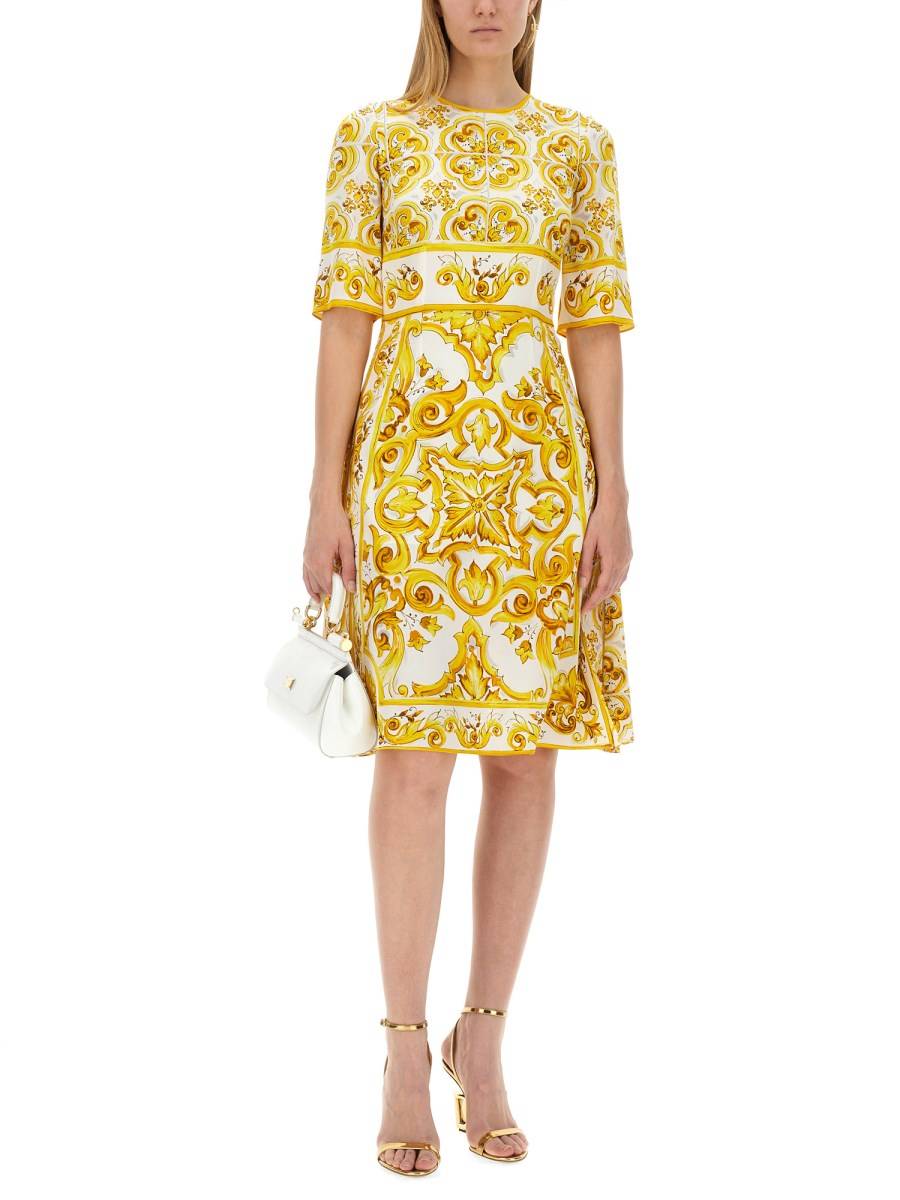 DOLCE & GABBANA ABITO MIDI IN CHARMEUSE DI SETA STAMPA MAIOLICA
