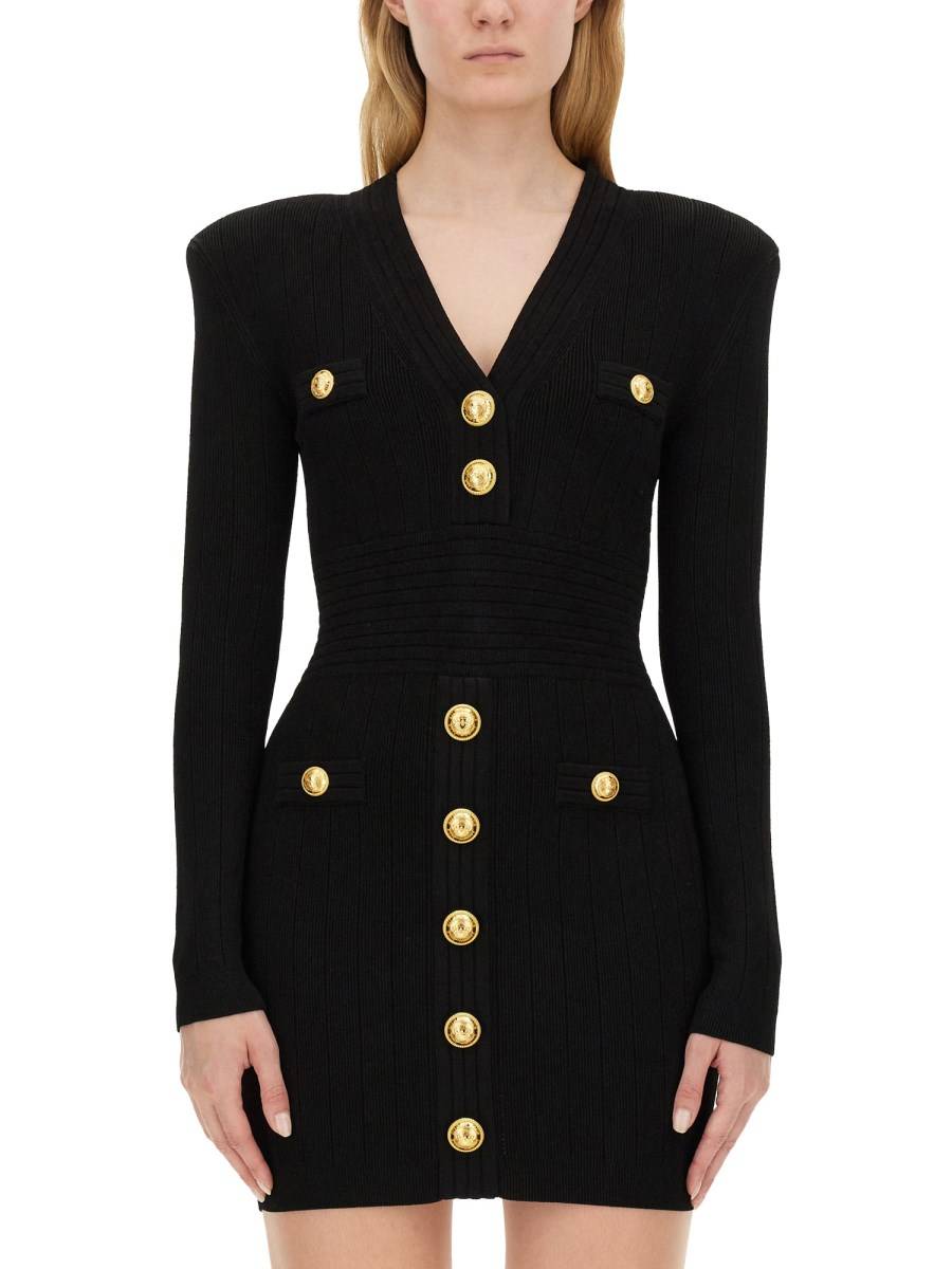 BALMAIN ABITO MINI IN MAGLIA DI VISCOSA CON BOTTONI ICONICI