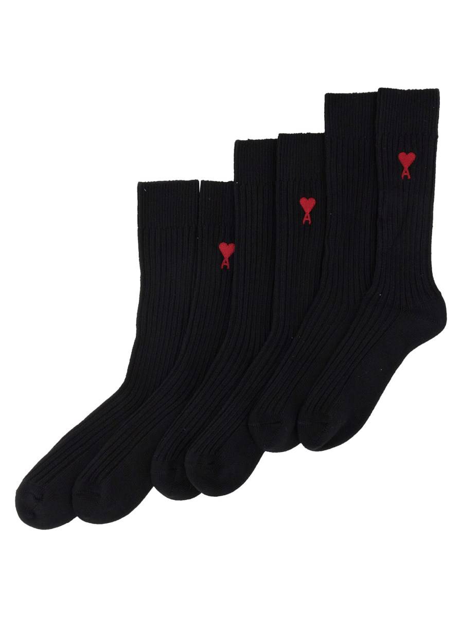 AMI PARIS SET DA TRE CALZINI IN COTONE CON LOGO