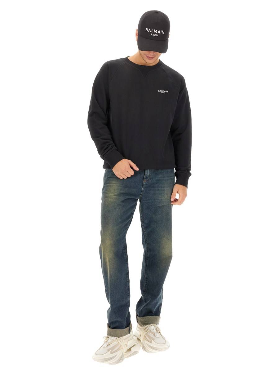 BALMAIN FELPA IN COTONE CON LOGO FLOCCATO