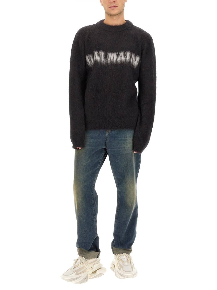 BALMAIN PULLOVER LOGO RETRÒ IN MOHAIR SPAZZOLATO