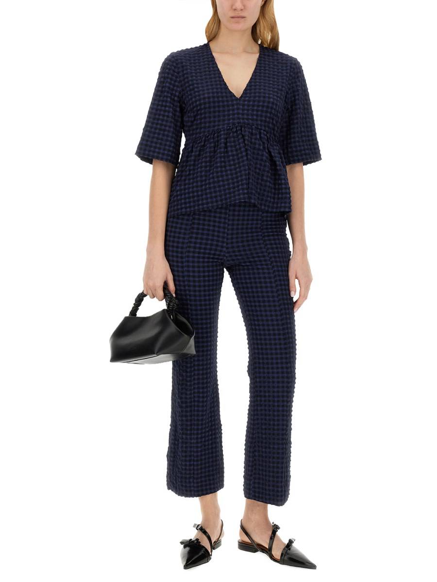 GANNI BLUSA CON SCOLLO A V IN SEERSUCKER ELASTICIZZATO