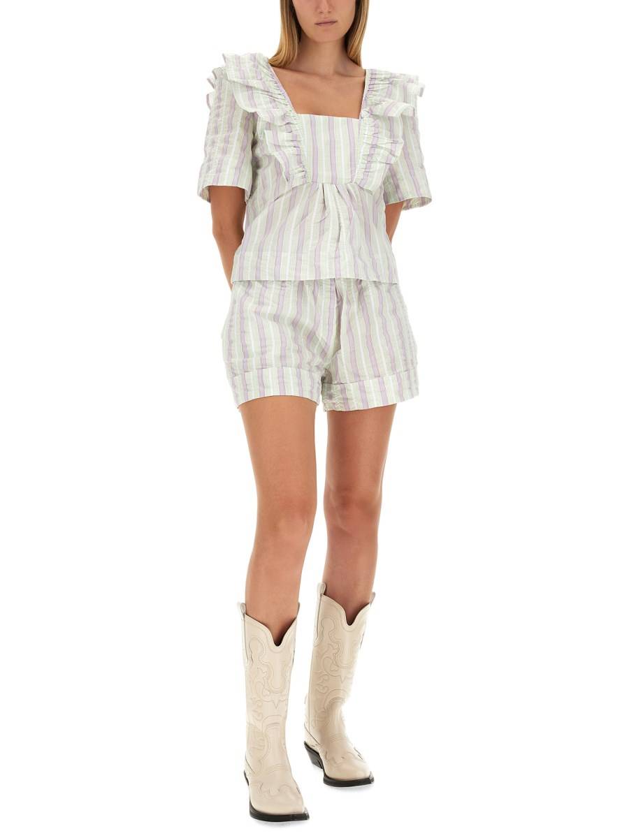 GANNI BLUSA IN POPELINE DI COTONE A RIGHE CON VOLANT