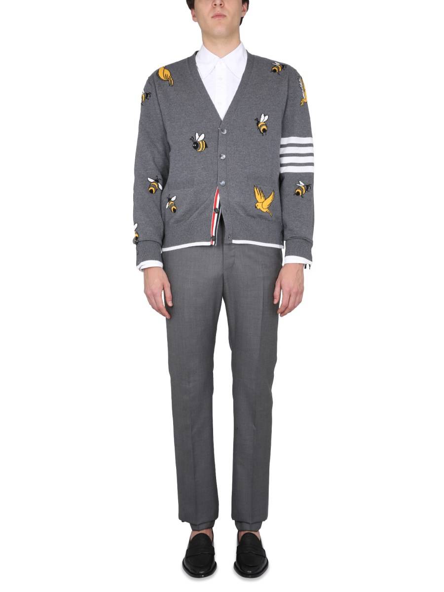 THOM BROWNE CARDIGAN IN LANA CON INTARSI BIRDS AND BEES