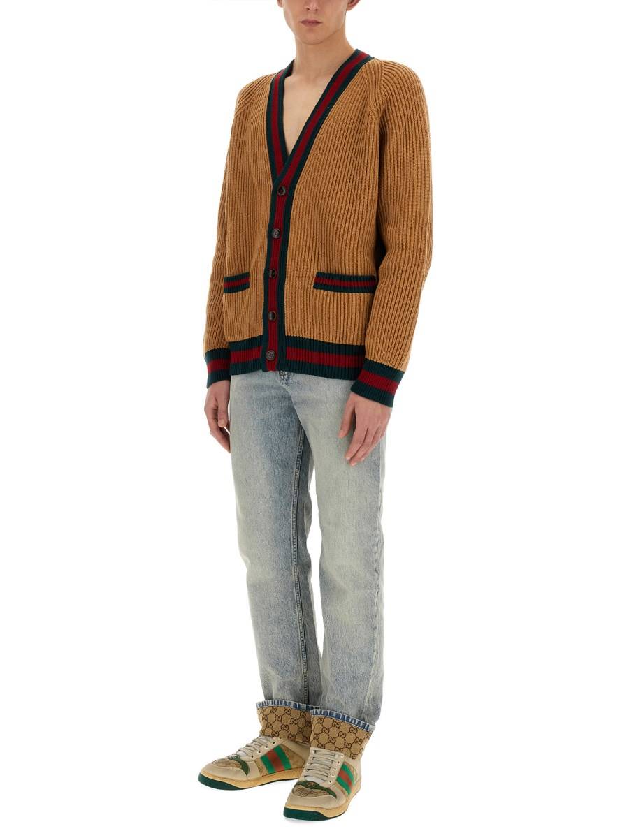 GUCCI CARDIGAN IN LANA LAVORATA A MAGLIA CON NASTRO WEB