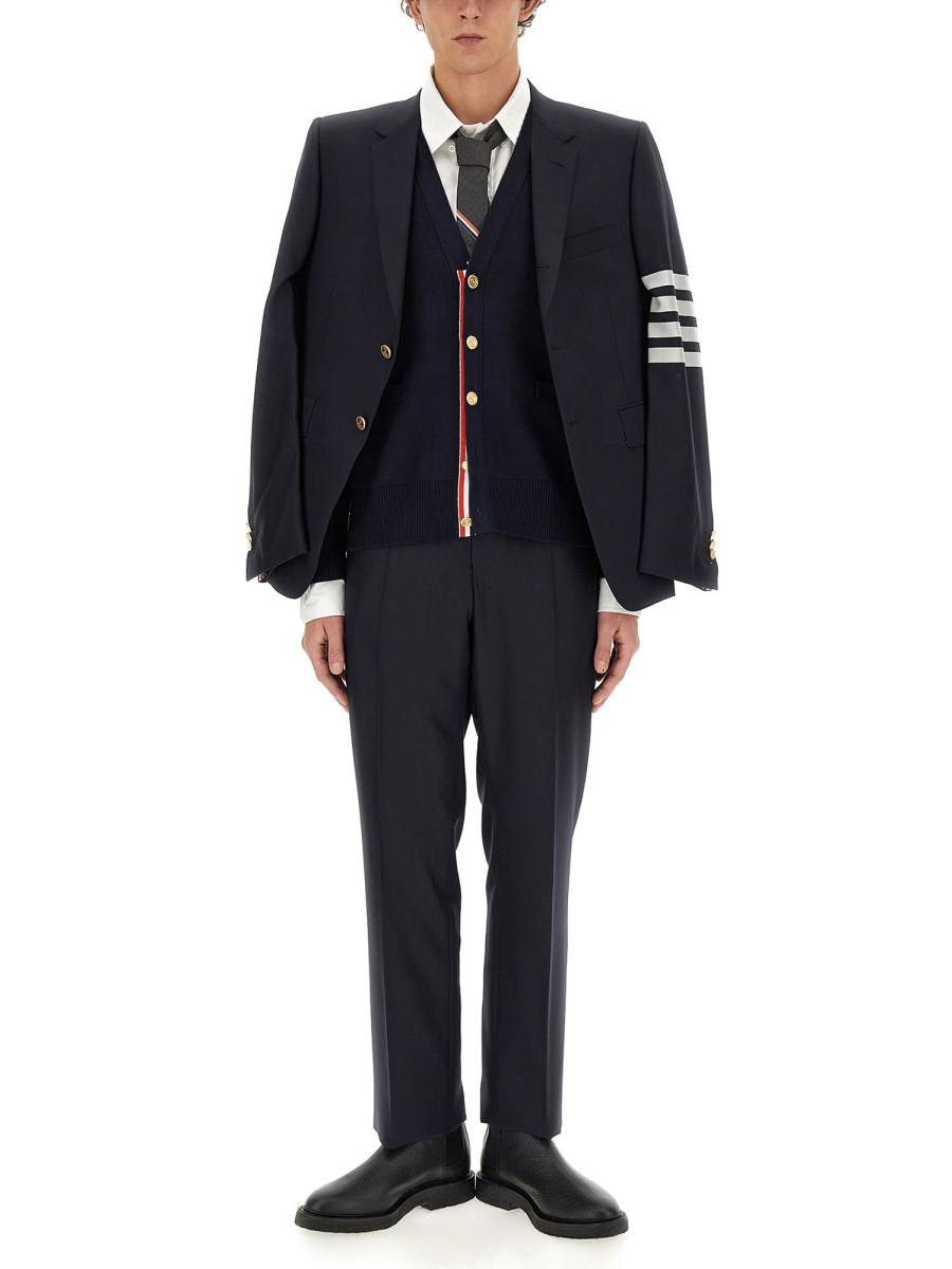THOM BROWNE CARDIGAN SCOLLO A V IN COTONE PUNTO MILAN CON 4 BAR STRIPES