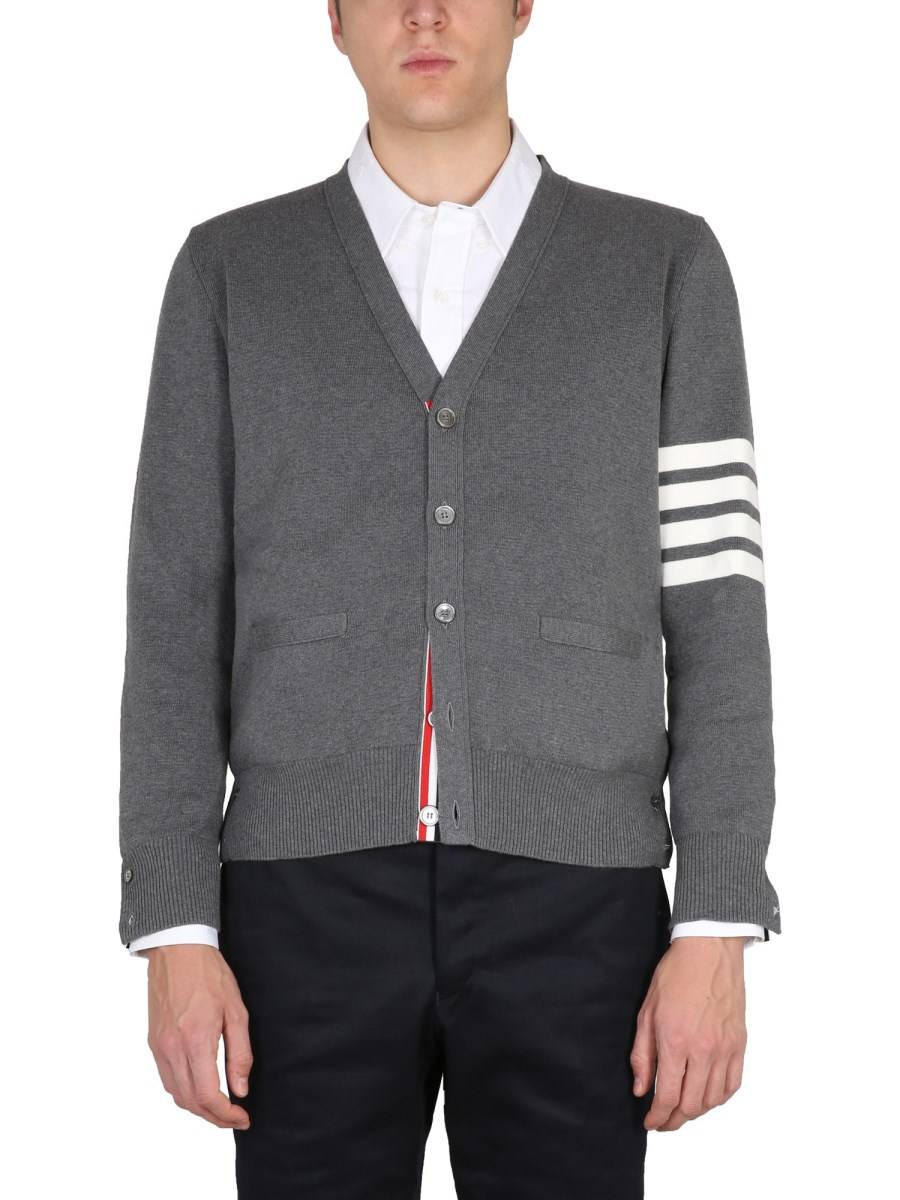 THOM BROWNE CARDIGAN SCOLLO A V IN COTONE PUNTO MILANO CON 4 BAR STRIPES