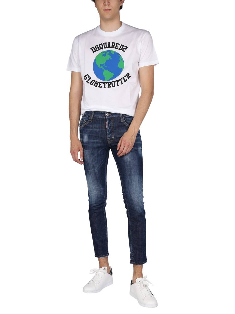 DSQUARED T-SHIRT "GLOBETROTTER" IN COTONE CON STAMPA