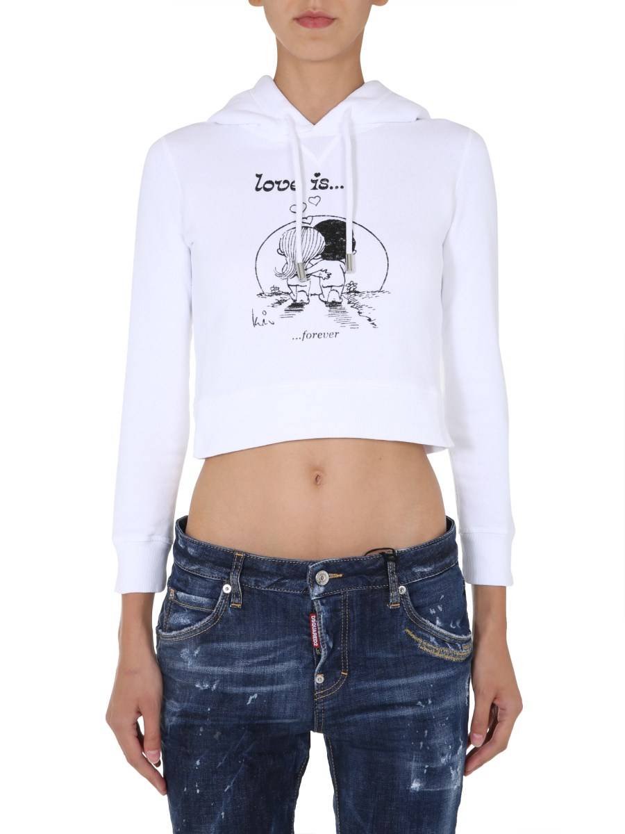 DSQUARED FELPA CROPPED CON CAPPUCCIO E STAMPA LOVE IS THE AIR