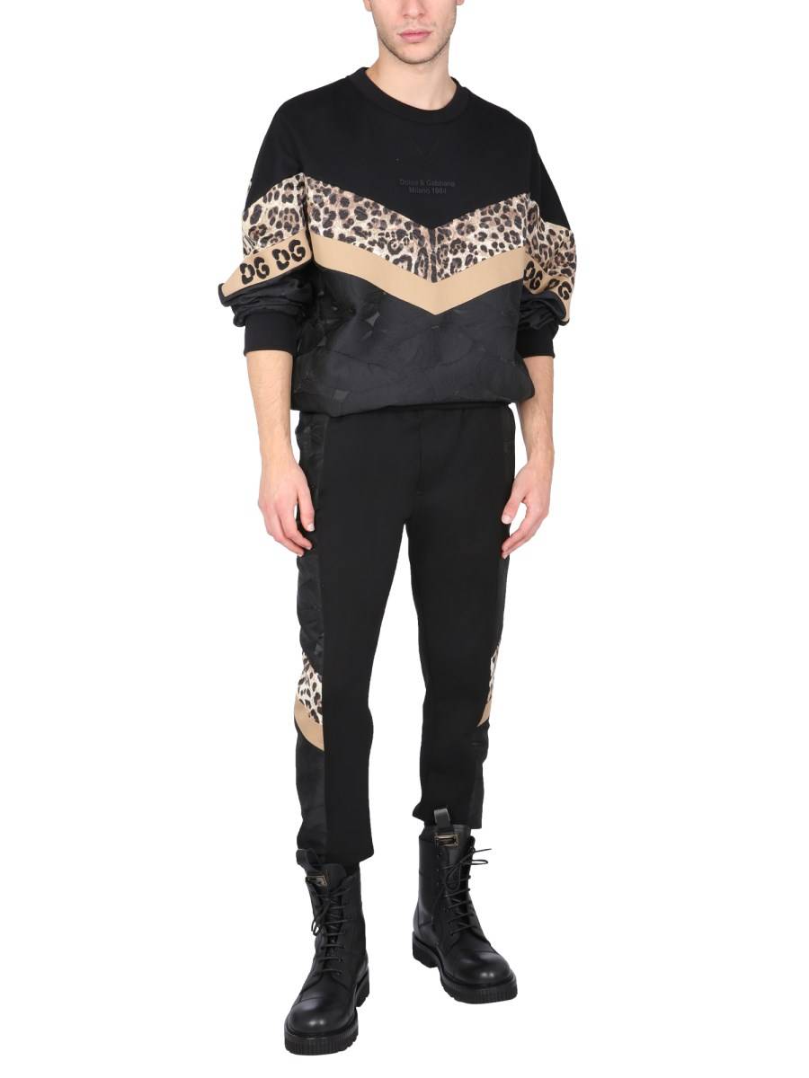 DOLCE & GABBANA FELPA GIROCOLLO IN MISTO VISCOSA CON INTARSIO STAMPA ANIMALIER