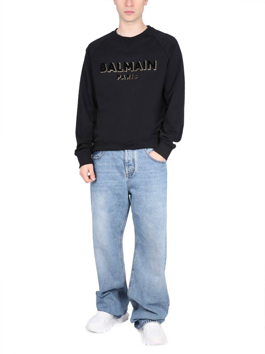 BALMAIN FELPA IN COTONE CON LOGO FLOCCATO E METALLIZZATO