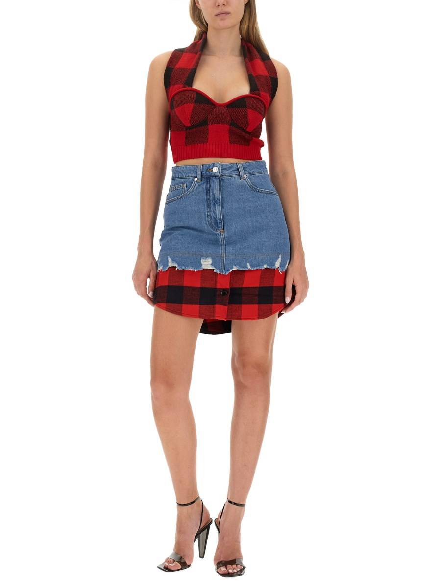 MOSCHINO JEANS GONNA MINI CON STAMPA TARTAN IN DENIM DI COTONE