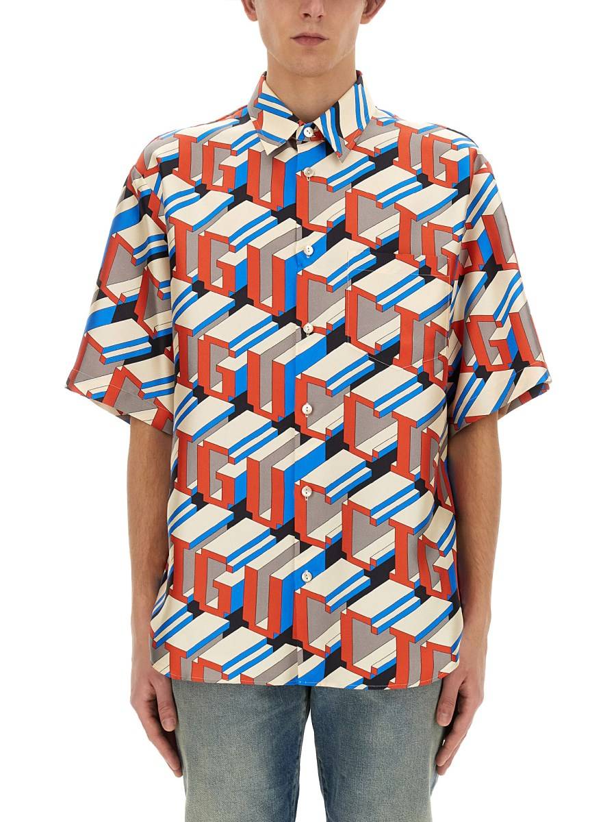 GUCCI CAMICIA IN SETA CON STAMPA GUCCI PIXEL