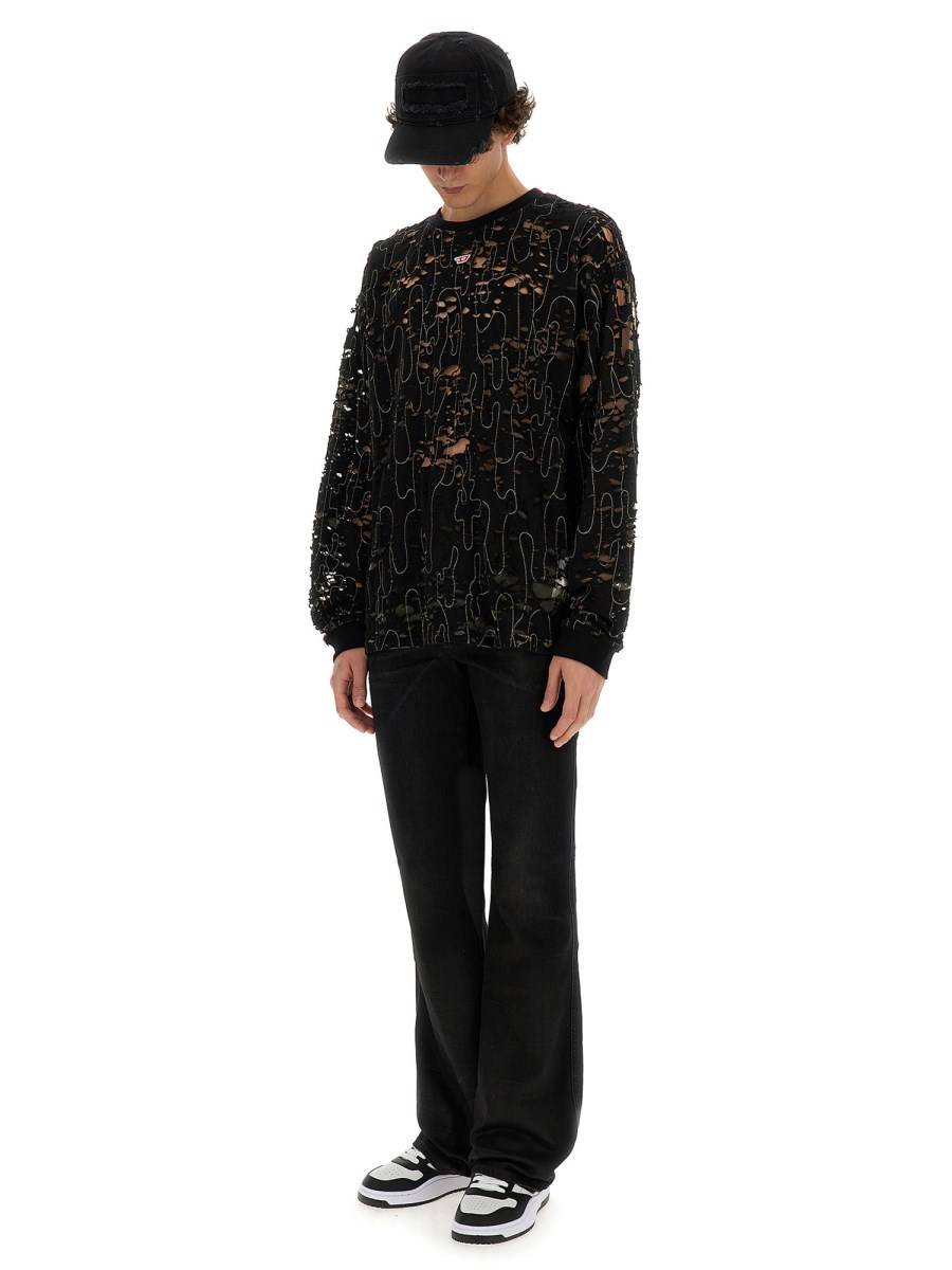 DIESEL MAGLIA T-BOXT-LS-DEVOR IN TULLE E JERSEY DESTROYED