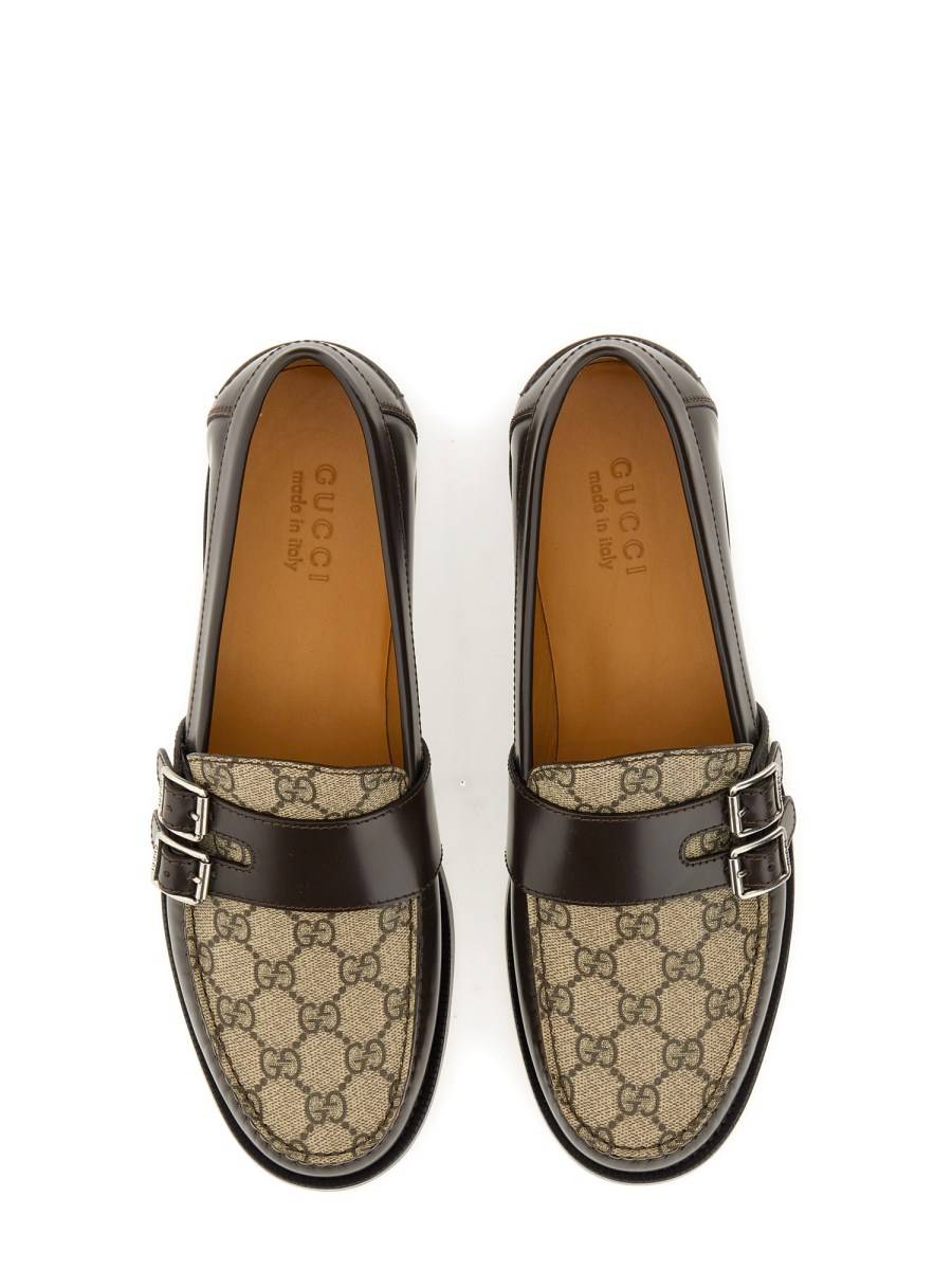 GUCCI MOCASSINO IN PELLE E TESSUTO GG SUPREME CON FIBBIA