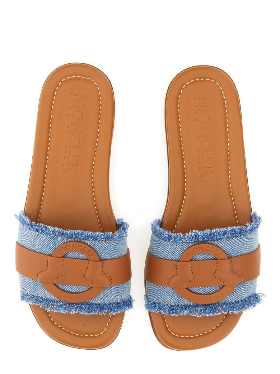 MONCLER SANDALO SLIDE BELL IN DENIM E PELLE