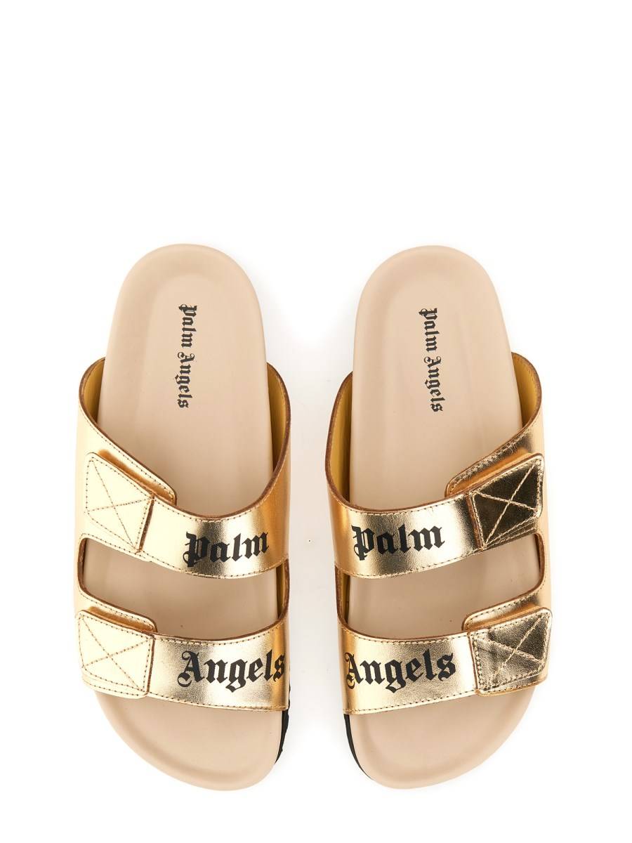 PALM ANGELS SANDALO IN PELLE LAMINATA CON LOGO