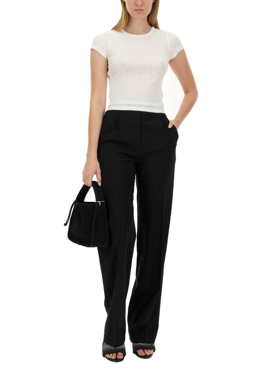 ALEXANDER WANG PANTALONE A VITA ALTA ELASTICIZZATI CON PIEGHE E LOGO