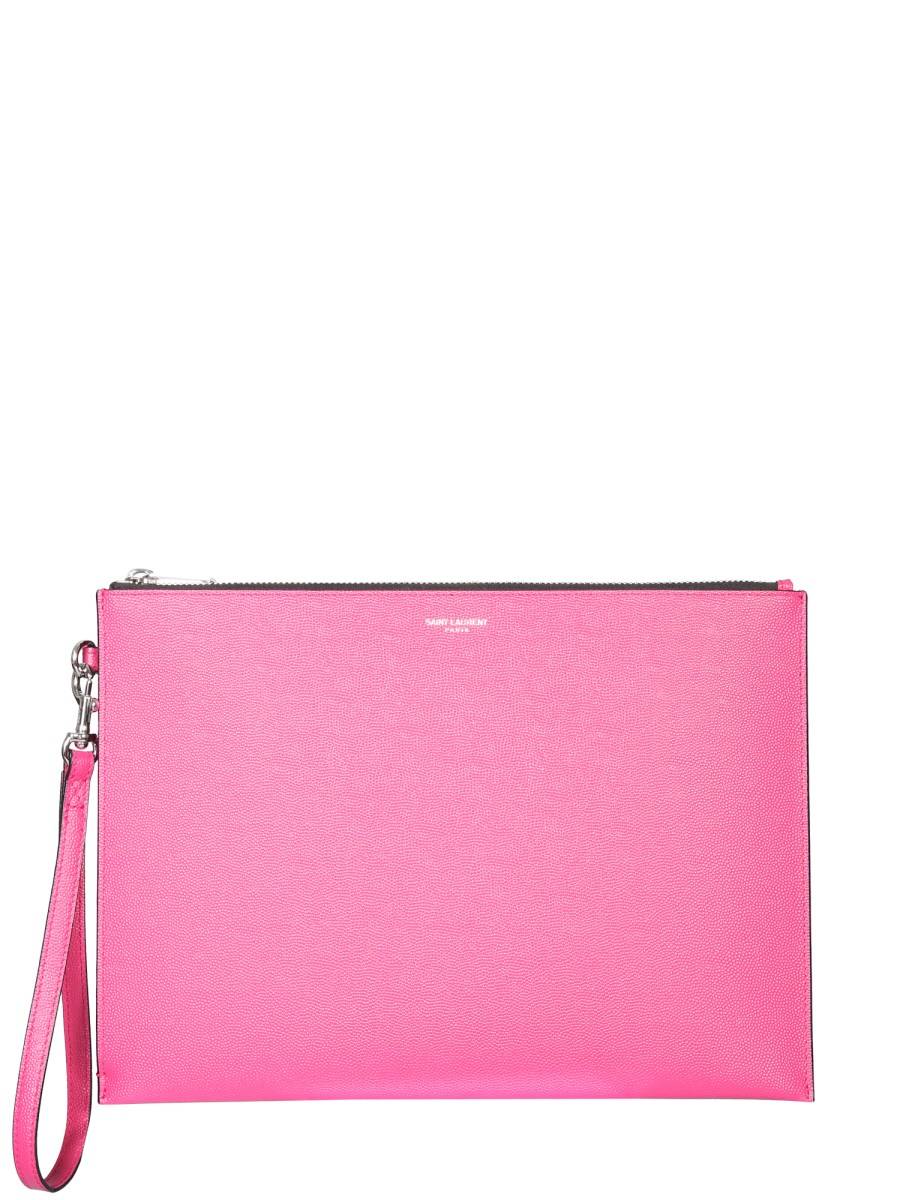 SAINT LAURENT PORTA TABLET CON ZIP IN PELLE GOFFRATA GRAIN DE POUDRE