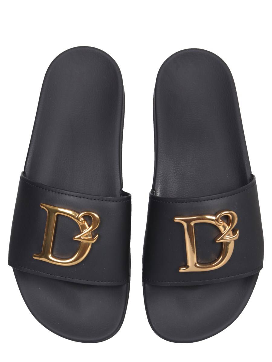 DSQUARED SANDALO SLIDE IN PELLE CON LOGO IN METALLO