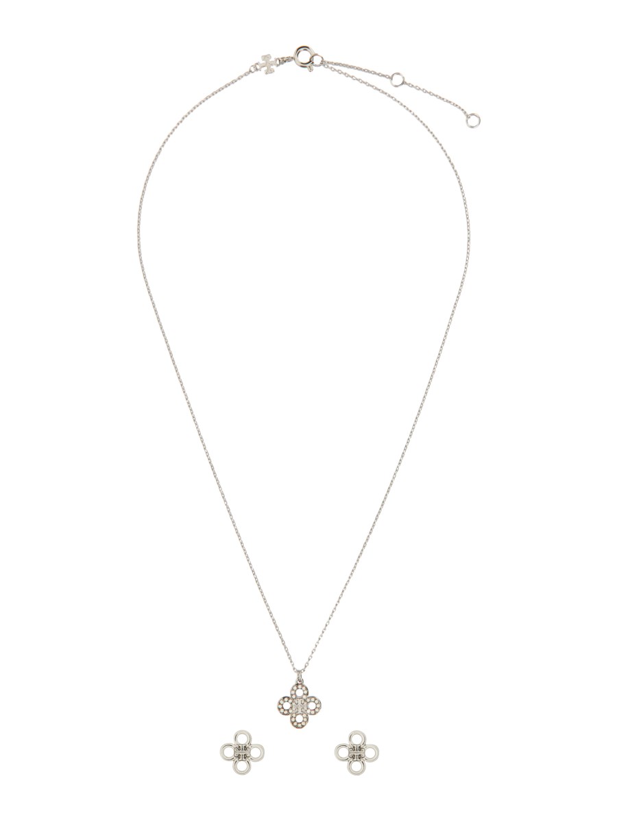 TORY BURCH SET "KIRA" CLOVER CON PENDENTE IN PAVÉ E ORECCHINI A BORCHIA