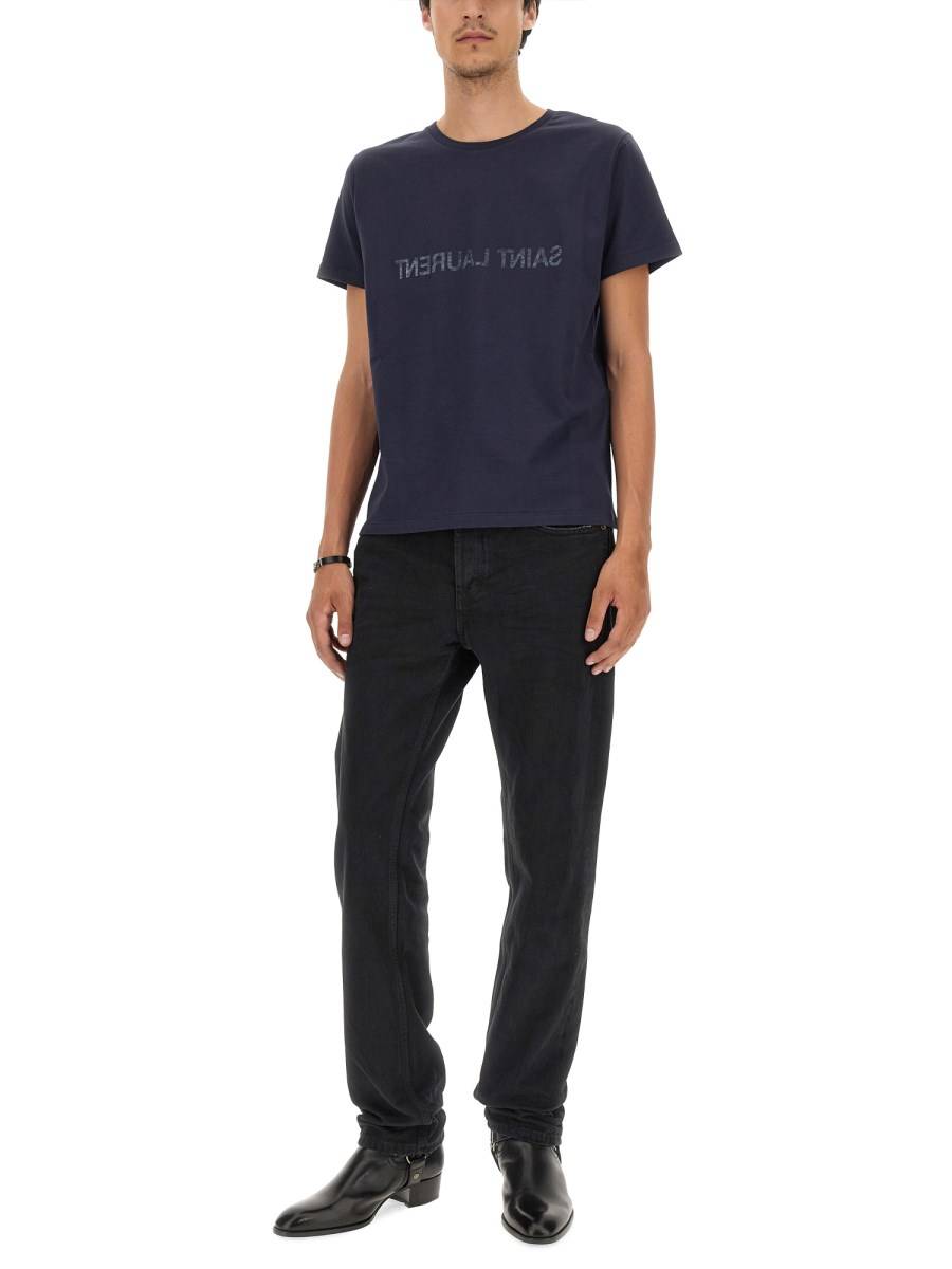 SAINT LAURENT T-SHIRT CON LOGO ROVESCIATO IN JERSEY DI COTONE