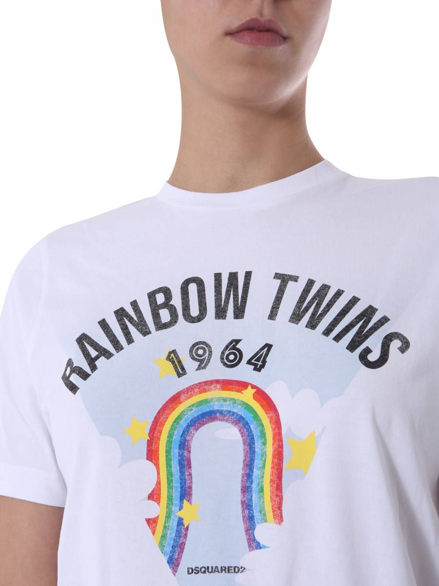 DSQUARED T-SHIRT GIROCOLLO IN COTONE CON STAMPA RAINBOW