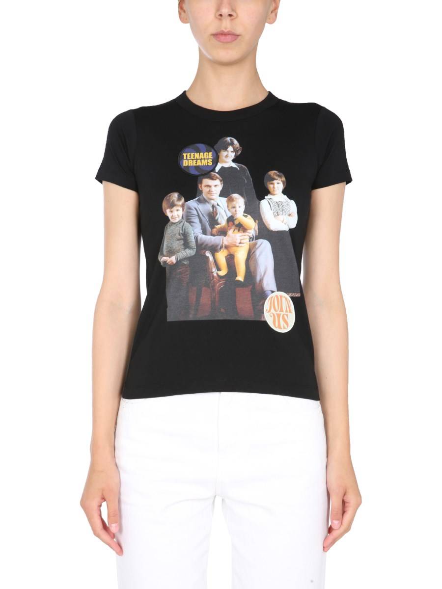 RAF SIMONS T-SHIRT GIROCOLLO IN JERSEY DI COTONE CON STAMPA FAMILY PORTRAIT