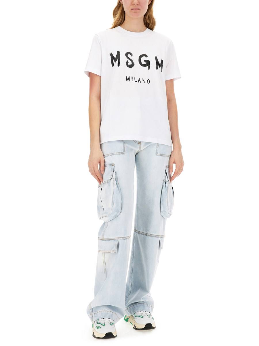 MSGM T-SHIRT GIROCOLLO IN JERSEY DI COTONE CON STAMPA LOGO PENNELLATO