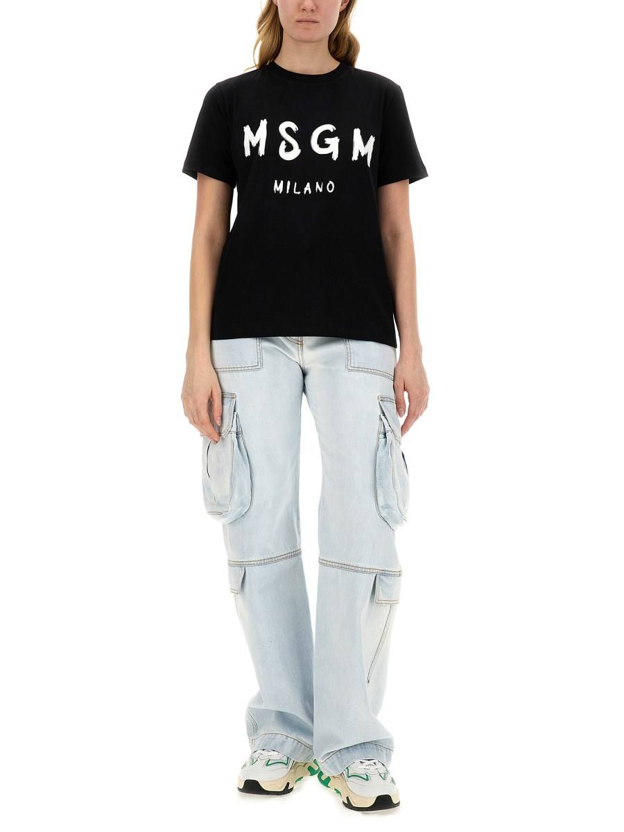 MSGM T-SHIRT GIROCOLLO IN JERSEY DI COTONE CON STAMPA LOGO PENNELLATO