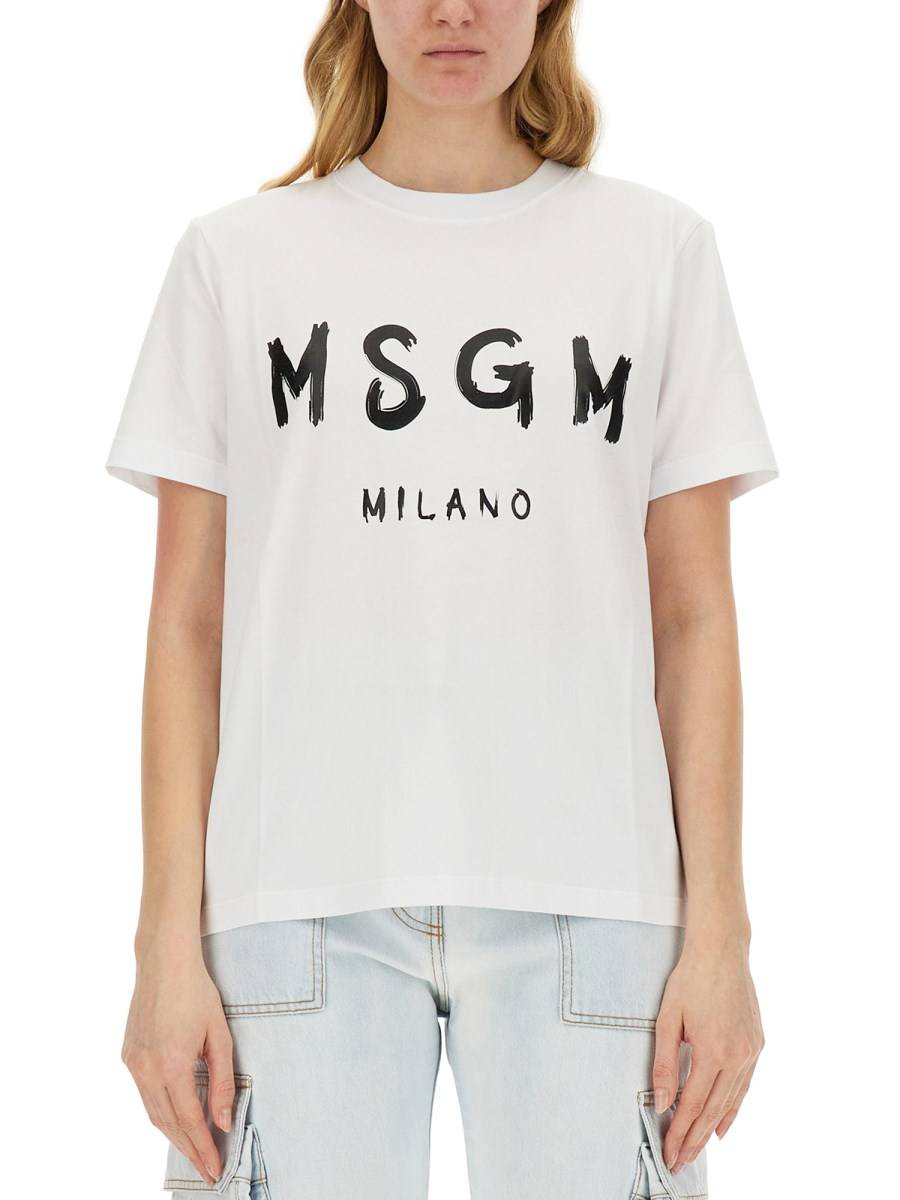 MSGM T-SHIRT GIROCOLLO IN JERSEY DI COTONE CON STAMPA LOGO PENNELLATO