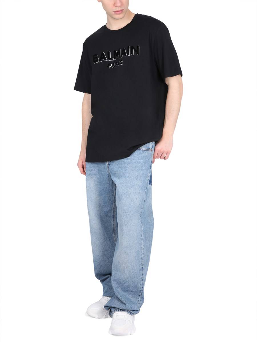 BALMAIN T-SHIRT IN COTONE CON LOGO FLOCCATO E METALLIZZATO