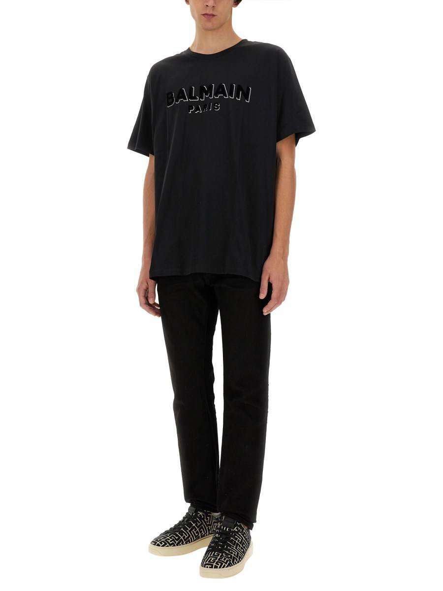 BALMAIN T-SHIRT IN JERSEY DI COTONE CON LOGO FLOCCATO