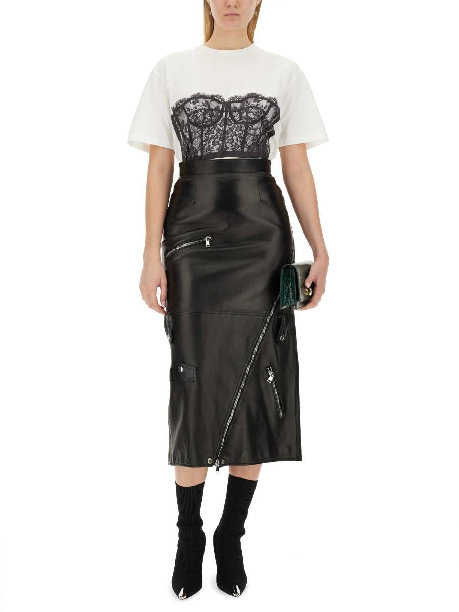 ALEXANDER McQUEEN T-SHIRT IN JERSEY DI COTONE CON STAMPA CORSETTO IN PIZZO