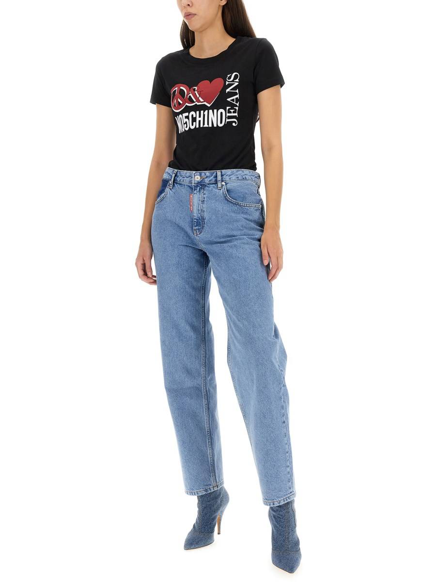 MOSCHINO JEANS T-SHIRT IN JERSEY DI COTONE CON STAMPA PEACE & LOVE