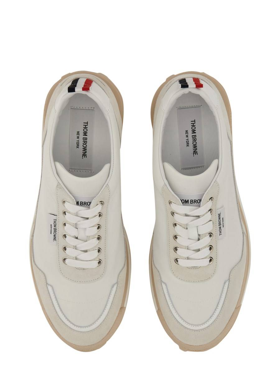 THOM BROWNE SNEAKER CON LOGO IN ECO NYLON E PELLE