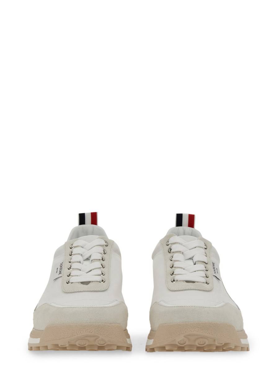 THOM BROWNE SNEAKER CON LOGO IN ECO NYLON E PELLE