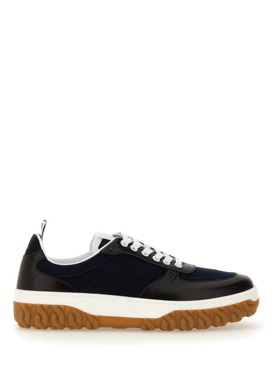 THOM BROWNE TRAINER LETTERMAN CON SUOLA CABLE KNIT IN CANVAS E PELLE