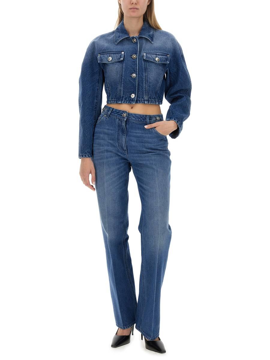 VERSACE GIACCA IN DENIM CORTA ARROTONDATA