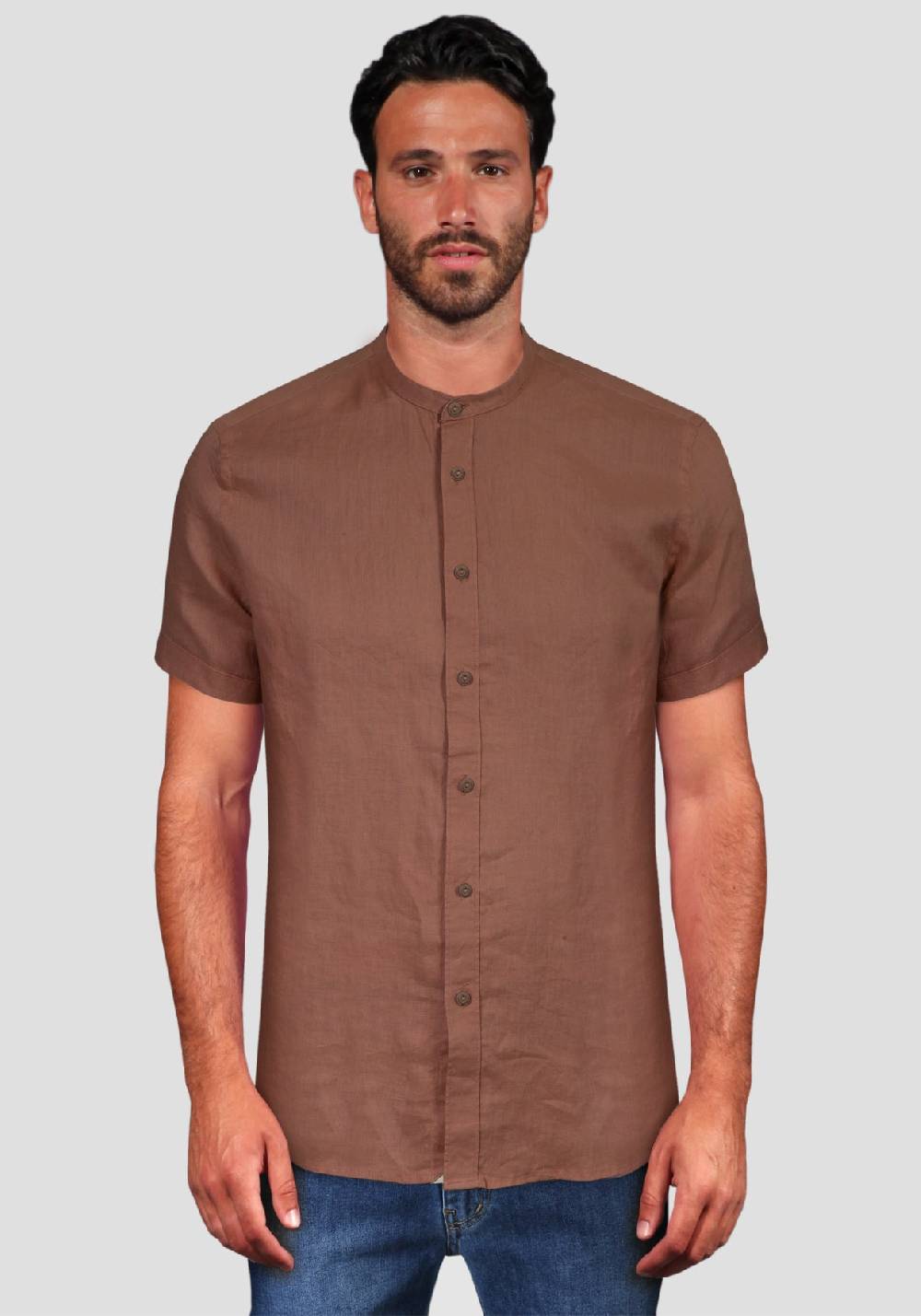 Primo Emporio Camicia di Lino Coreana Mezza Manica - Tabacco