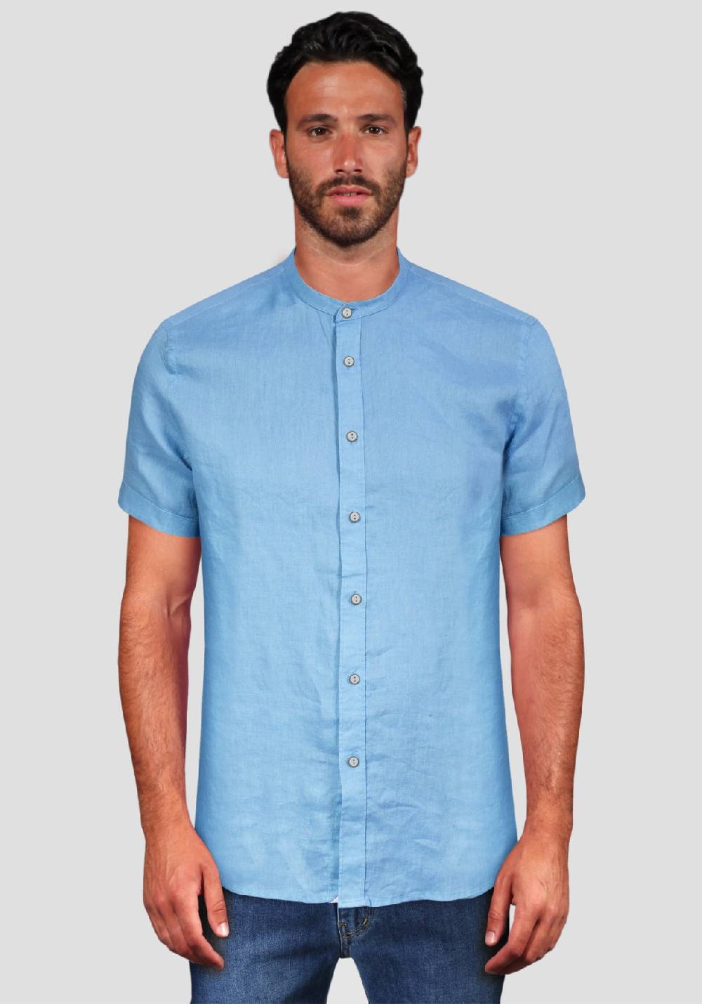 Primo Emporio Camicia di Lino Coreana Mezza Manica - Turchese